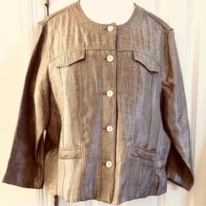 Ruby Rd. Jacket metallic 3/4 length sleeves 4 pockets, taupe, gray, silver, gold